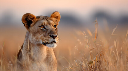 Fototapeta premium Lioness Sitting Savannah Masai Mara Kenya
