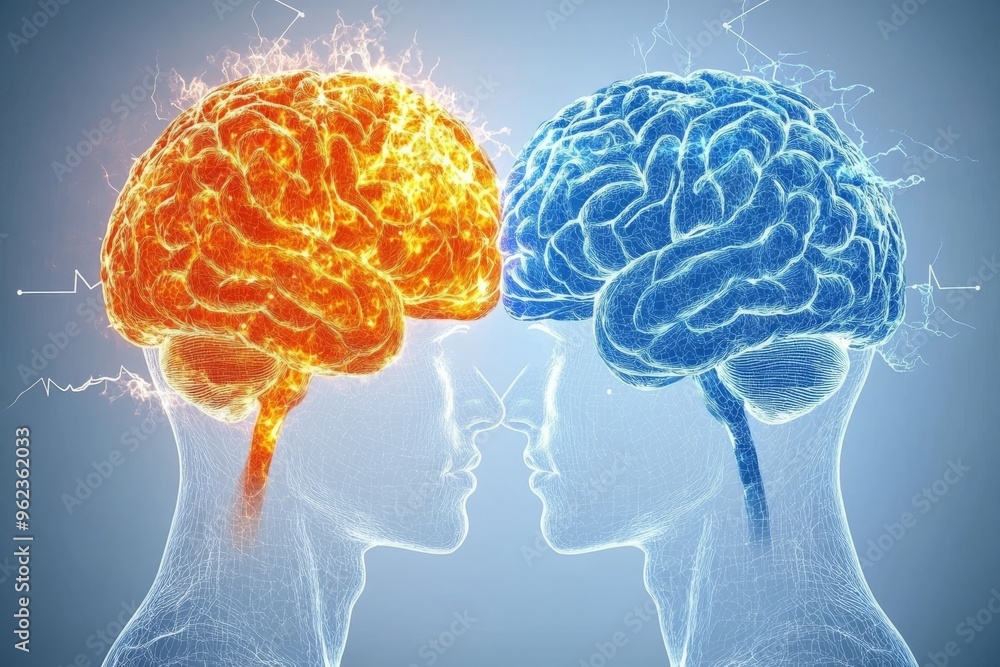 Aufkleber brain tissue studies high iq futuristic side profiles with glowing red and blue brains symbolizing t