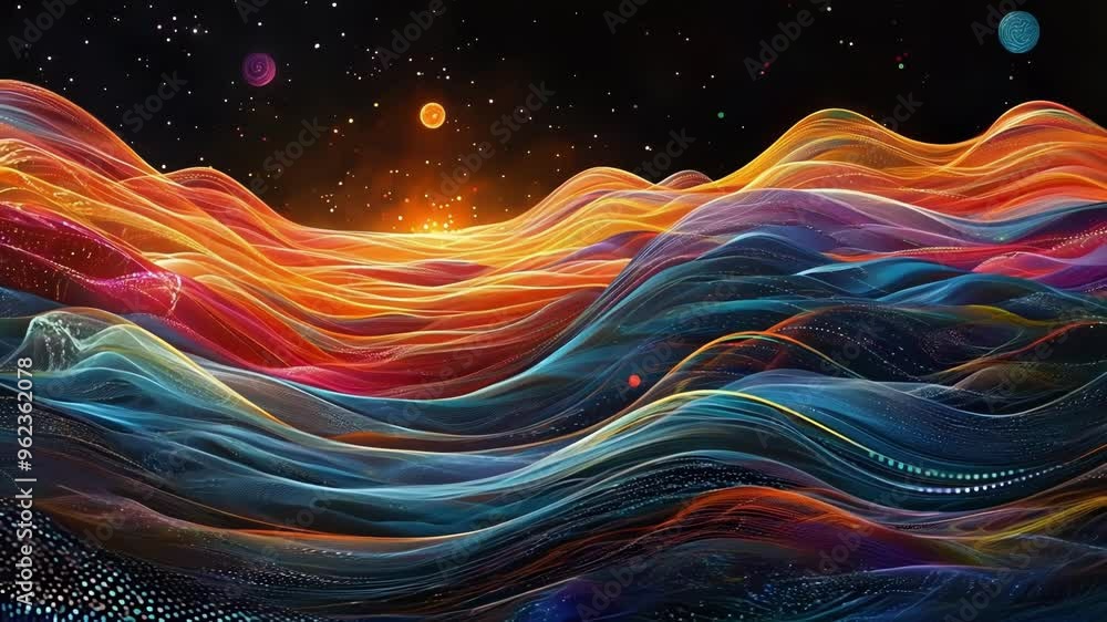 Poster abstract 3d render of colorful data forming a mountainous landscape with a starry sky in the backgro
