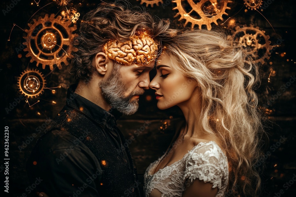 Poster brain cell pathways neurology couple with mechanical gears and glowing brains symbolizing the intric