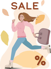 Autumn SALE banner illustration. Hand drawn vector layered illustration of the Young woman runing with a shopping bag with sale lettering, discount and space for text. Design for shopping sale