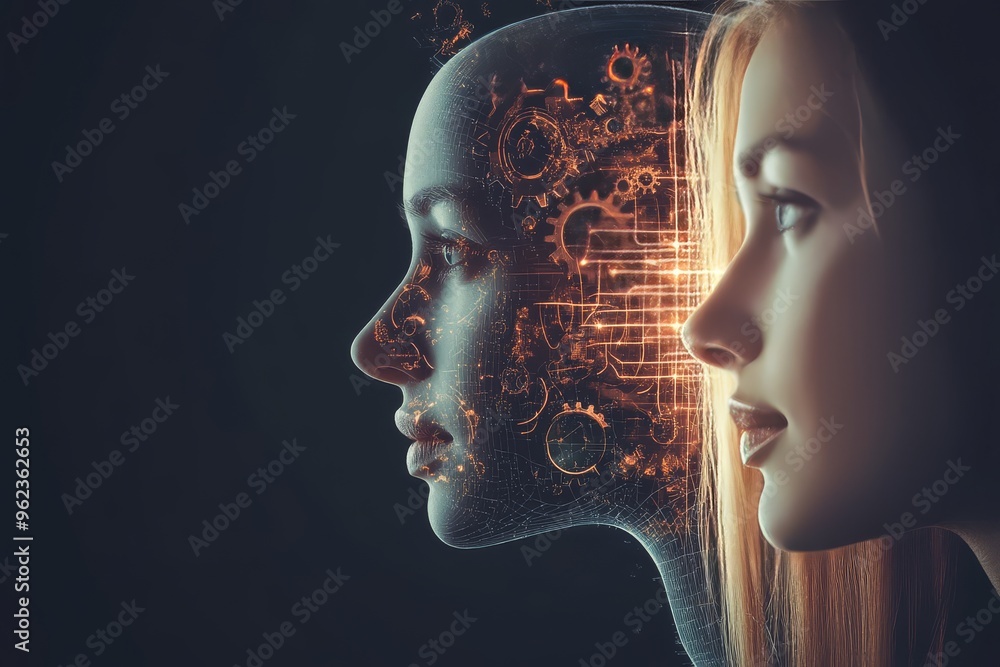Poster neuronal dynamics neurology dual profiles of a woman and a robot symbolizing the evolving relationsh