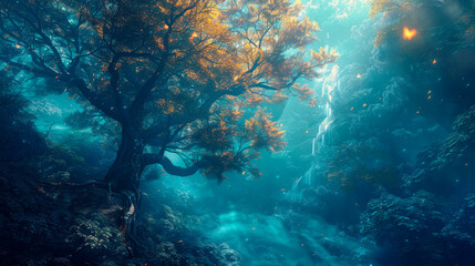 Fototapeta premium In a magical forest, sunlight filters through vibrant leaves, illuminating a tranquil waterfall cascading amidst lush greenery as twilight embraces the landscape