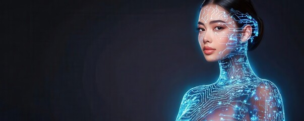 Naklejka premium A fashion model with translucent clothing, integrated with digital patterns and circuits, CGI, glowing effects, dark background