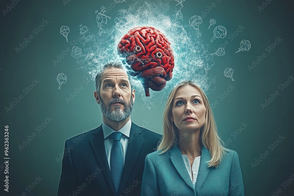 Aufkleber neurocognitive neurology professional couple with floating brain symbols representing shared intelle