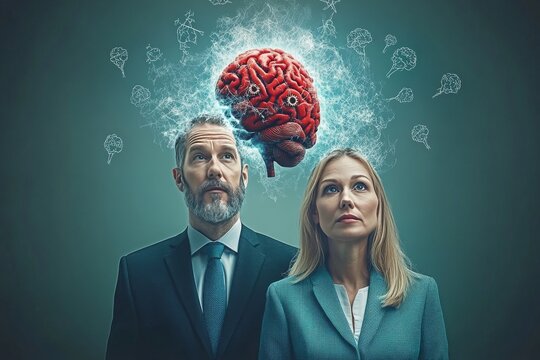 Neurocognitive Neurology Professional couple with floating brain symbols representing shared intellectual pursuits and the collaborative nature of modern relationships