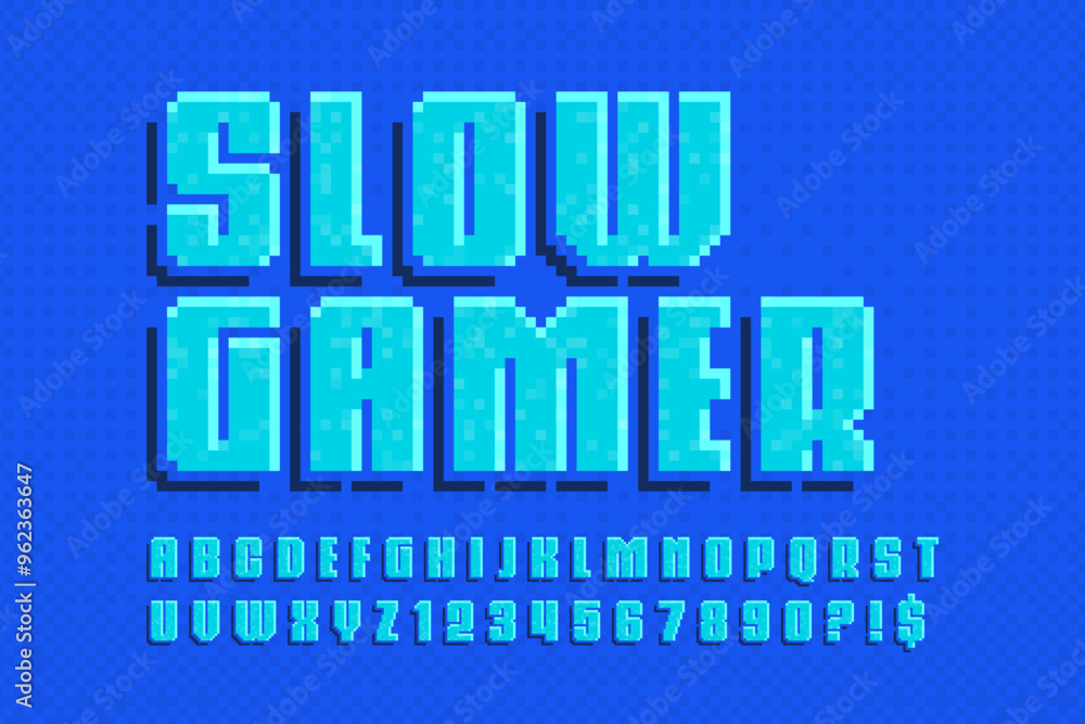 Poster pixel vector alphabet design, stylized like in 8-bit games. high contrast and sharp, retro-futuristi