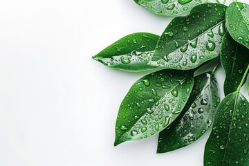 Tranquil forest scene with delicate green dew droplets on leaves