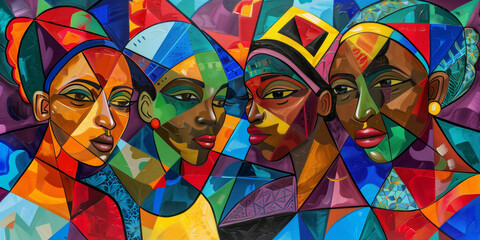 Abstract colorful painting of African American women of diverse ethnicity. The background is a mosaic of geometric shapes in vibrant colors.