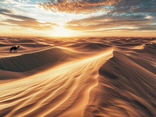 Camel walking across golden sand dunes during sunset in a vast desert landscape