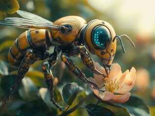 Mechanical Bee Pollinating a Flower, Environmental Concept