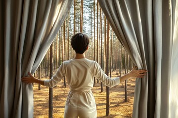 A woman stands between curtains, pulling them apart to unveil a peaceful forest filled with tall trees and natural light, creating a tranquil atmosphere.