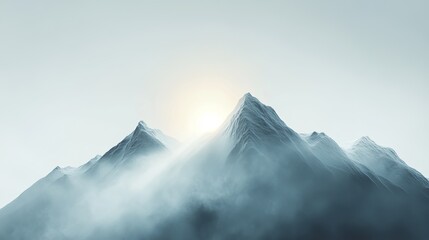 a mountain range partly obscured by mist, with a single ray of sunlight piercing through, symbolizing emotional breakthrough, resilience, and hope