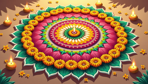 Traditional Pookalam Art Illustrations Depicting Thiruvonam Timings with Kerala Floral Patterns and Festive Elements for Onam Celebrations