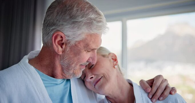Hug, senior couple and morning in hotel with care, commitment and trust together from marriage. Relax, calm and people on anniversary with love, support and romance with weekend away in retirement