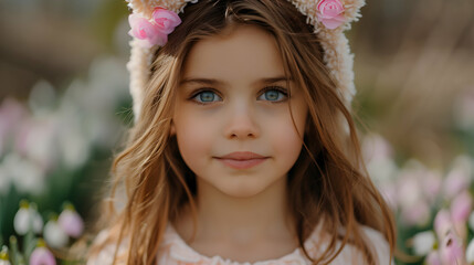 Fototapeta premium Little Girl With Easter Bunny Ears Making Egg Hunt