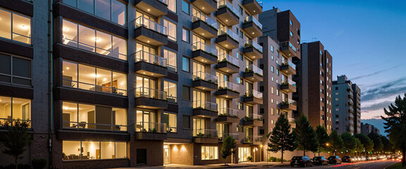 Obraz premium modern newly built apartment complex near the city center in the evening, urban development and inner-city housing shortage