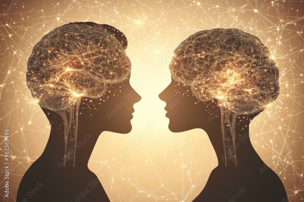 Aufkleber brain neurobiology intellectual creativity silhouetted heads with neural networks intertwining symbo
