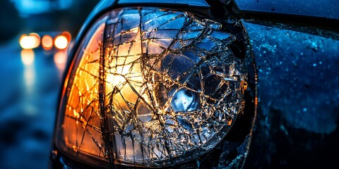 Close-up of a shattered car headlight with blurred city lights in the background.
