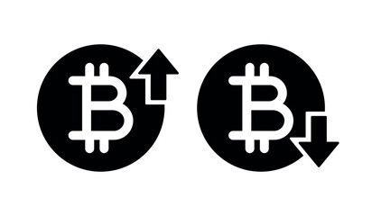bitcoin symbol with arrow up and down rounded black vector icons, cost reduction and raising, cryptocurrency price icon