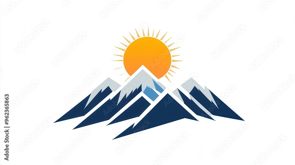 Poster This design showcases snow-capped mountains with a bright sun rising behind them, representing nature's splendor and adventure. Generative AI
