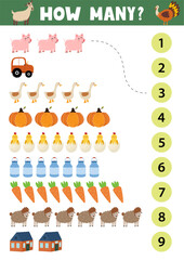 Count and match activity page for kids with cute farm objects and animals. How many puzzle game template for school and preschool. Vector illustration