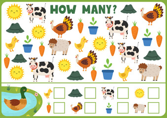 How many activity page for kids with cute farm animals. Count the number of cow, sheep, turkey and more. Puzzle game for school and preschool. Vector illustration