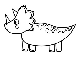 Cute black and white triceratops for kids. Funny dinosaur in outline for coloring page or print. Prehistorical dino clipart. Vector illustration
