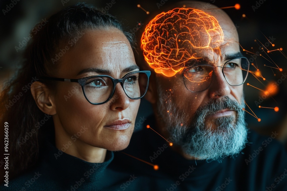 Poster brain tissue architecture intellectual creativity portrait of two individuals with glowing neural co
