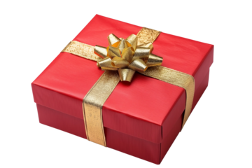 Red gift box with a golden bow on transparent and isolated white background. Generated AI