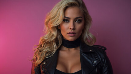 Fototapeta premium blonde beautiful woman wearing black leather in neon club background