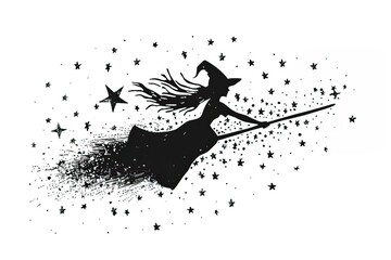 Silhouette of a witch flying on broomstick with trail of stars white background