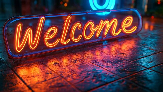 A bright neon sign saying welcome glows on a city street