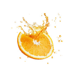 Delicious orange slice splashing fresh juice isolated on transparent background.