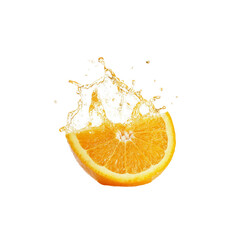 Delicious orange slice splashing fresh juice isolated on transparent background.