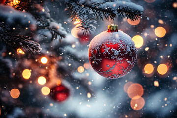 A red Christmas ornament hangs on a tree branch covered in snow