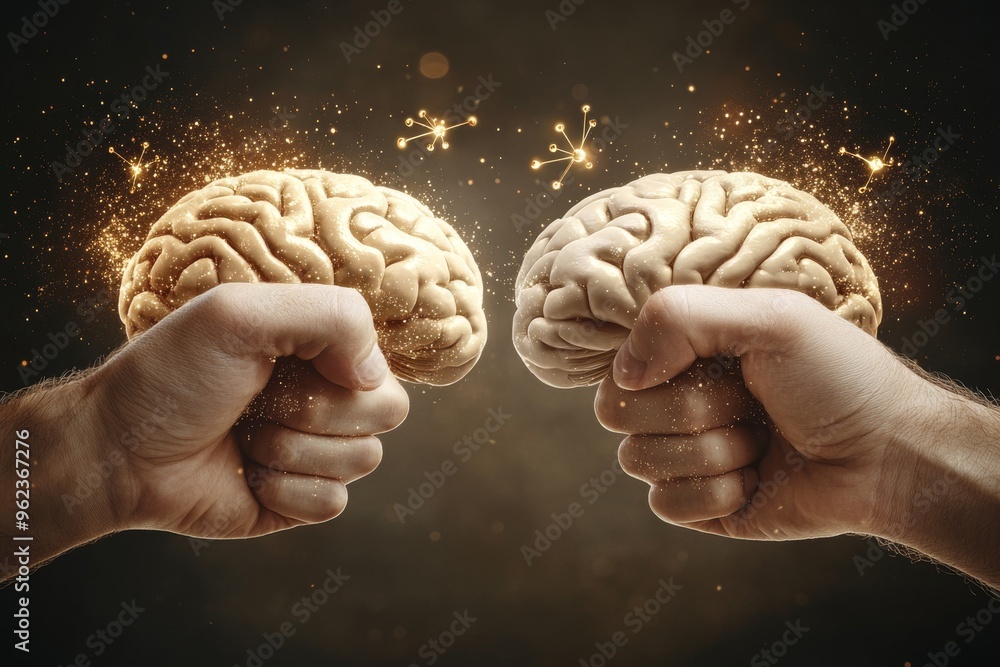 Poster brain process biology two fists with brain images clashing symbolizing intellectual conflict and the