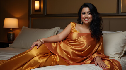 Obraz premium Elegant Woman in Golden Saree