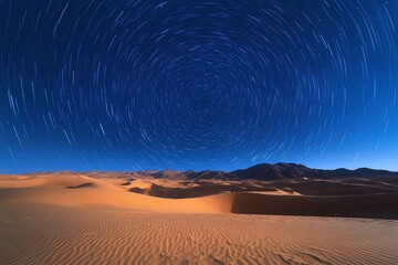 Stars trailing in the night sky over a silent desert