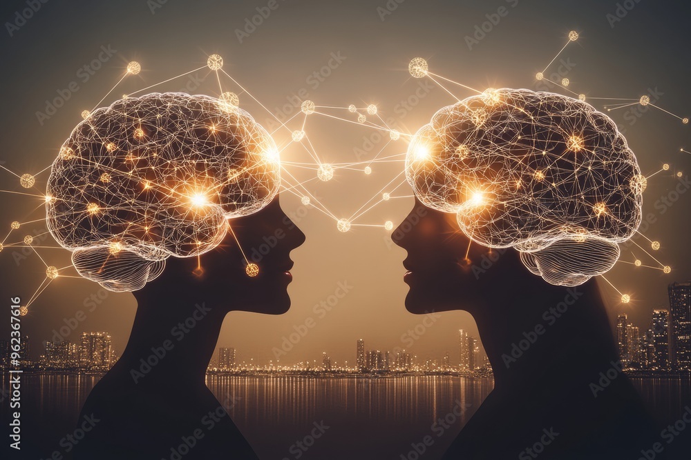 Poster neural connectivity biology silhouetted profiles with glowing neural networks illustrating the deep 