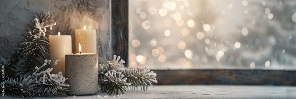 Poster empty frame ready for text in a winter still life featuring lit candles and pine branches in a concr
