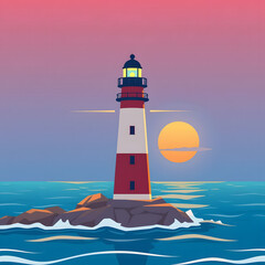 Sunset over a picturesque lighthouse standing on rocky shores