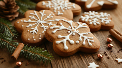Beautifully decorated gingerbread snowflake cookies with icing and cinnamon sticks, showcasing traditional holiday treats in a rustic winter setting