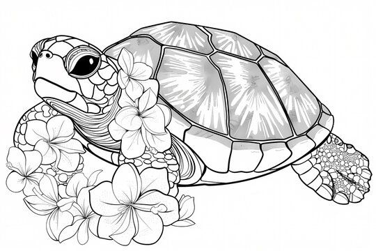 recommend clip art: A detailed line art illustration of a sea turtle surrounded by tropical flowers, showcasing intricate patterns and designs.