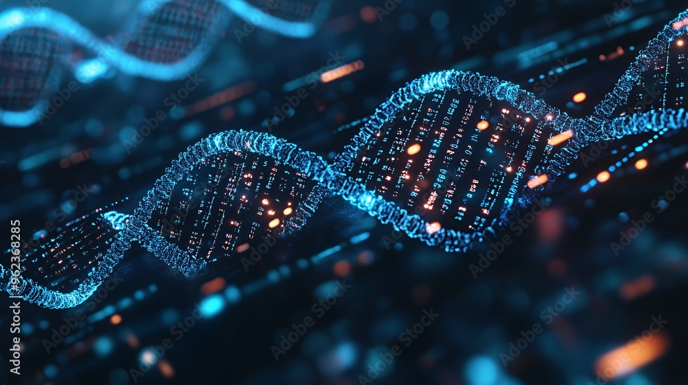 Poster abstract dna strand made of particles in a dark blue background with glowy bokeh.