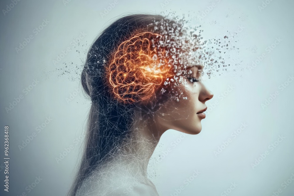 Poster brain cell function biology profile of a woman with fragmented neural elements symbolizing the compl