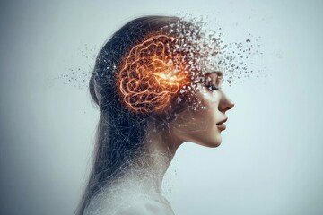 Brain cell function Biology Profile of a woman with fragmented neural elements symbolizing the complexity of thoughts and the delicate balance between technology and human emotion