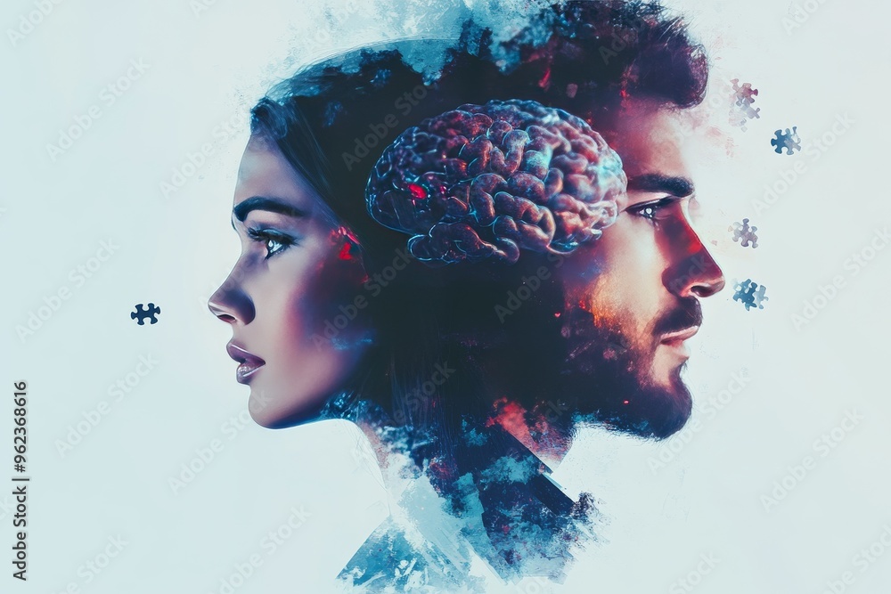 Poster neurocognitive biology dual exposure of a couple with glowing brain elements representing the mergin