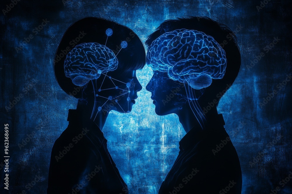 Poster neural cell function biology two children with contrasting neural patterns on their heads symbolizin