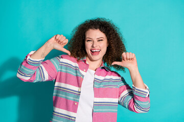 Photo of pretty young woman point fingers herself wear shirt isolated on teal color background